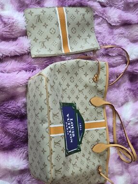 Louis Vuitton Beige Monogram Tote with Orange and White Stripe